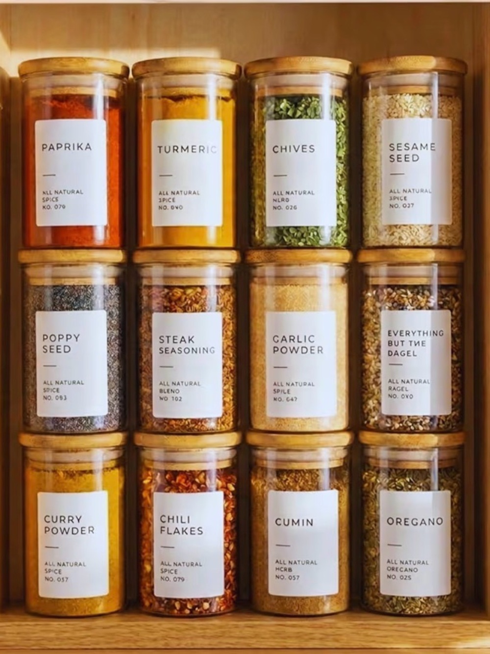 Bloomondo Empty Spice Jars with Label Pack (12x Bamboo Lid Glass Jar)